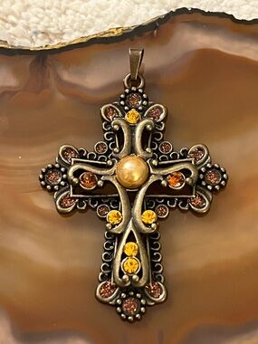 Antique Brass Color Cross Pendant with Amber and Citrine Accents
